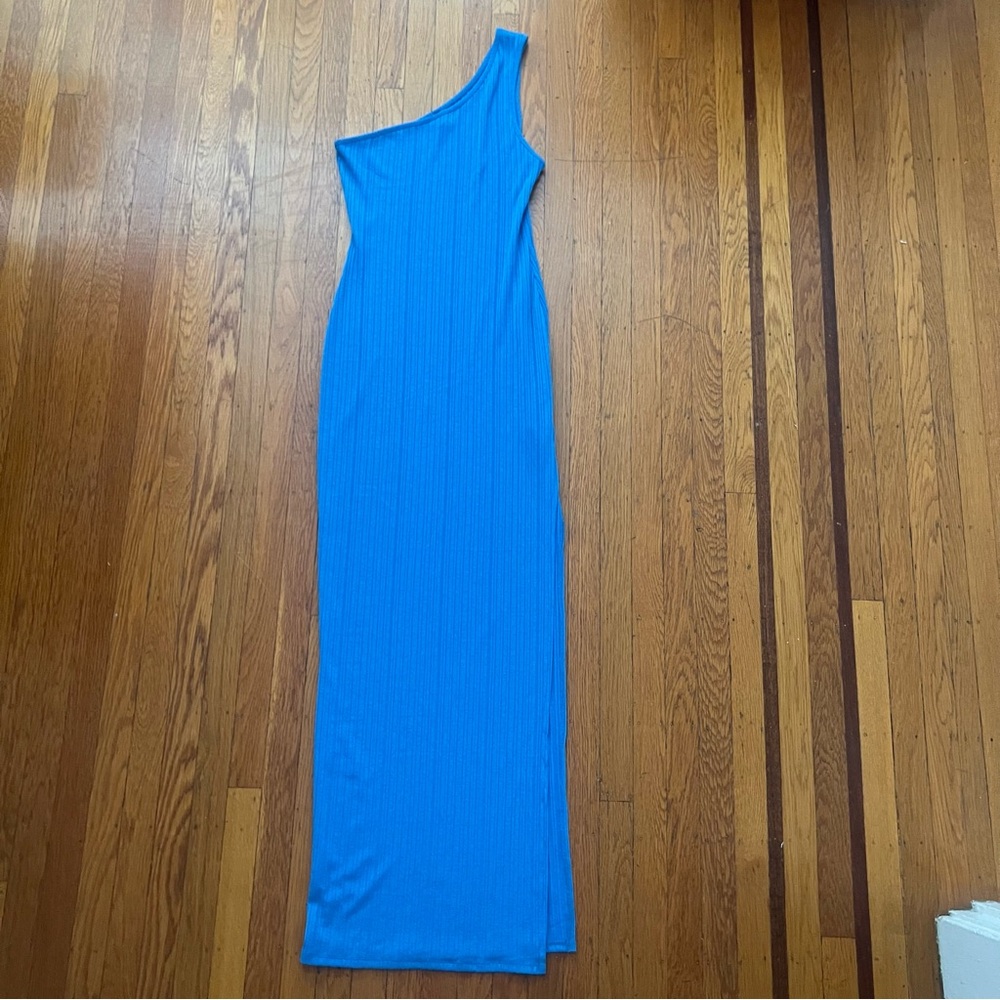 Blanco maxi column dress one shoulder blue high slit stretch resort wear EUC L